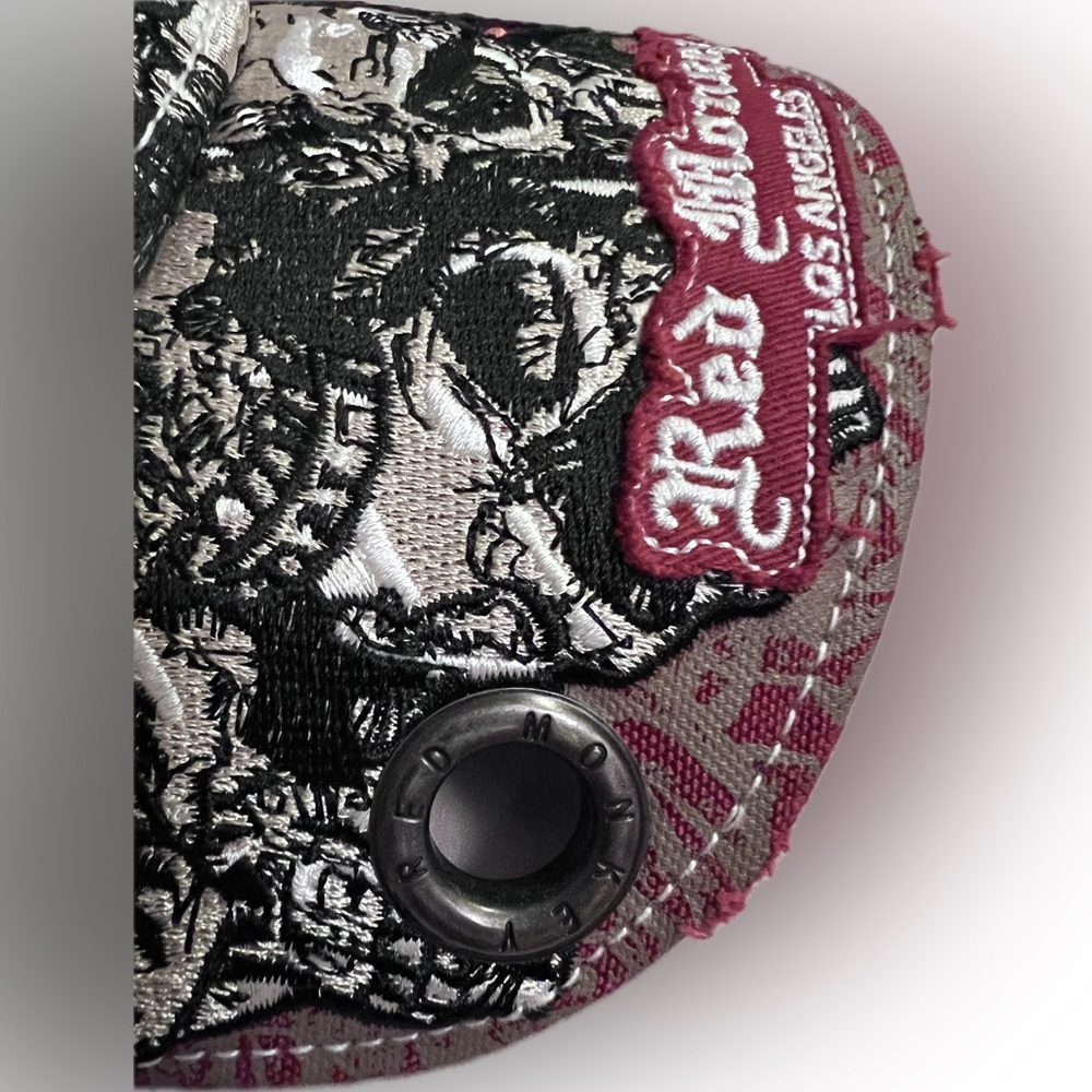 Red Monkey Burgundy Skull Embroidered Cap - Picture 2 of 9
